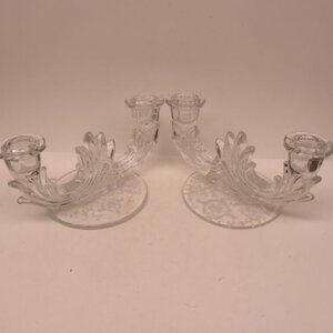 Fostoria Elegant Glass Crystal Clear NAVARRE Double Branch Candle Holders, Pair